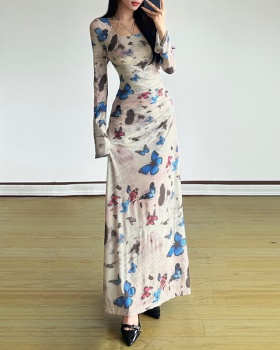 Long sleeve printing package hip slim dress for women