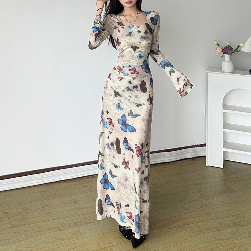 Long sleeve printing package hip slim dress for women