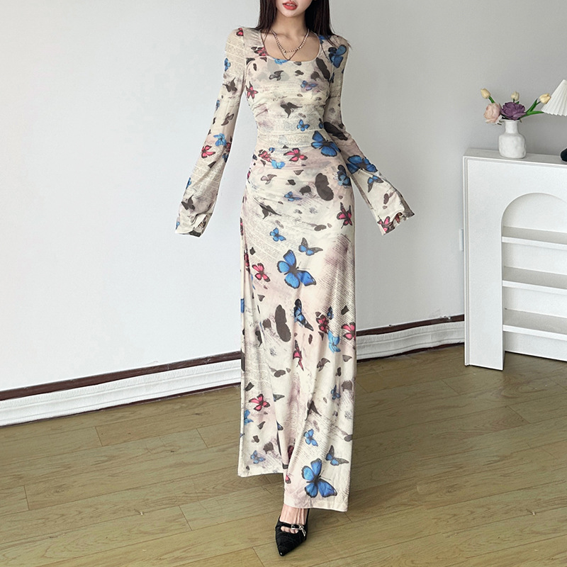 Long sleeve printing package hip slim dress for women