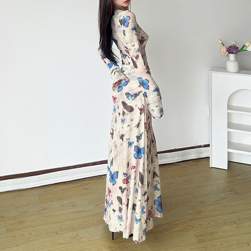 Long sleeve printing package hip slim dress for women