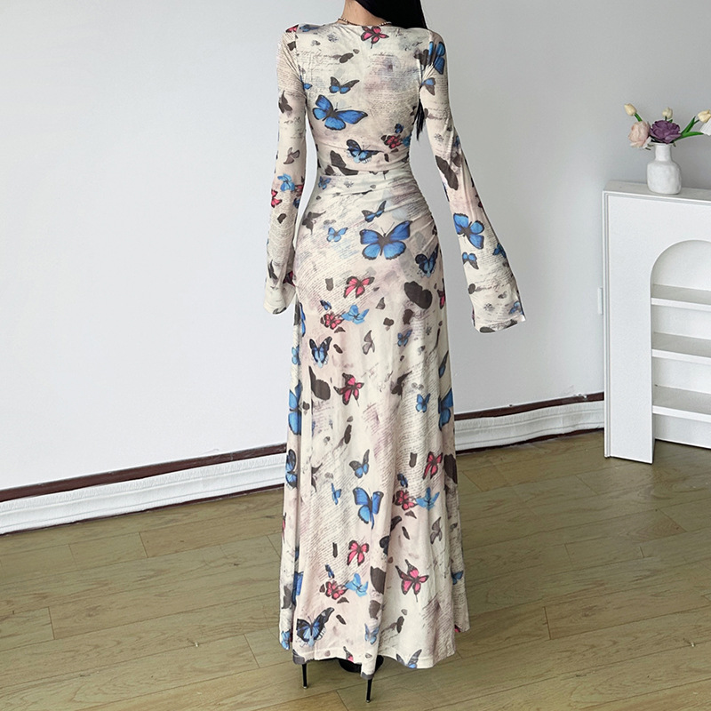 Long sleeve printing package hip slim dress for women