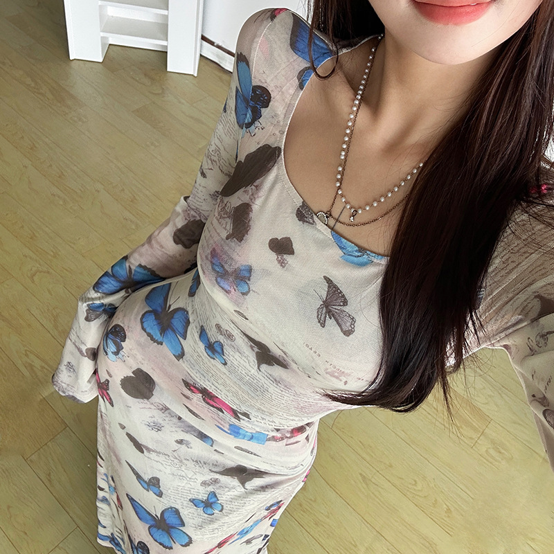 Long sleeve printing package hip slim dress for women