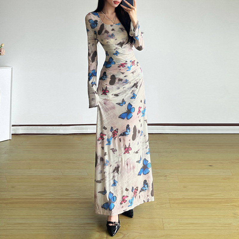 Long sleeve printing package hip slim dress for women