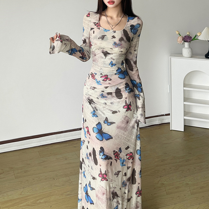 Long sleeve printing package hip slim dress for women