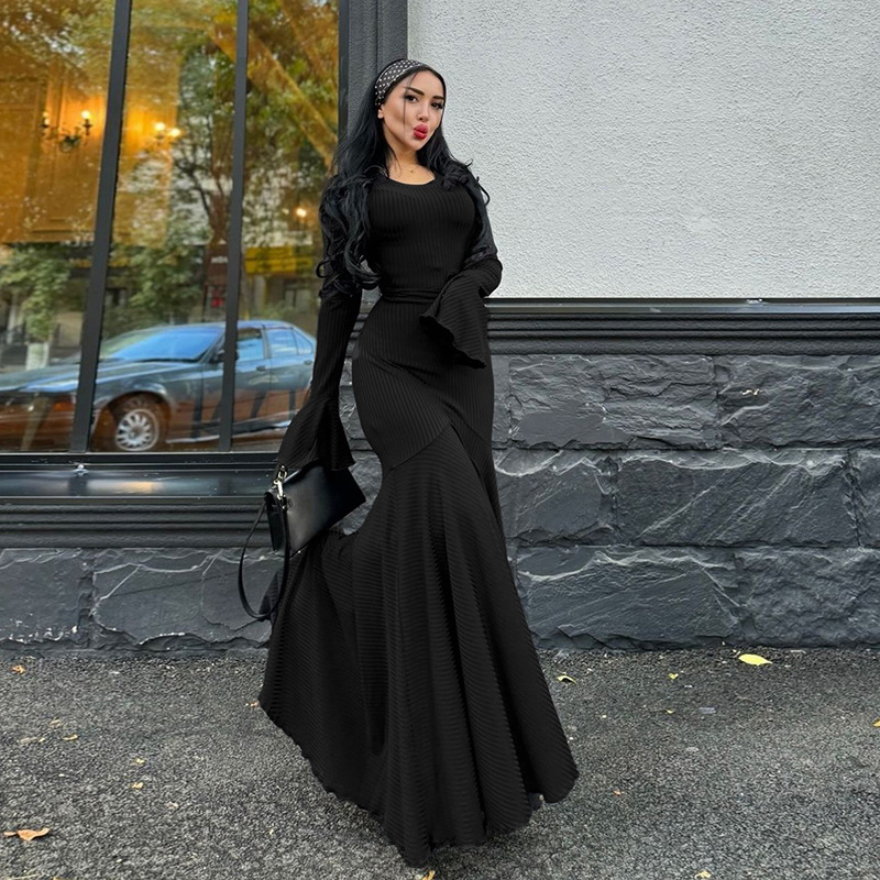 Speaker long sleeve dress pure round neck long dress