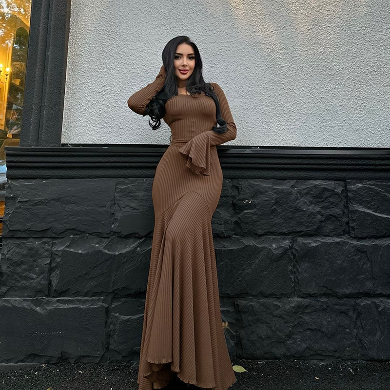 Speaker long sleeve dress pure round neck long dress