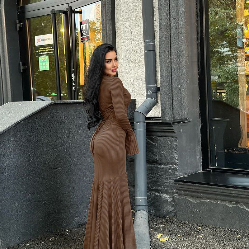 Speaker long sleeve dress pure round neck long dress