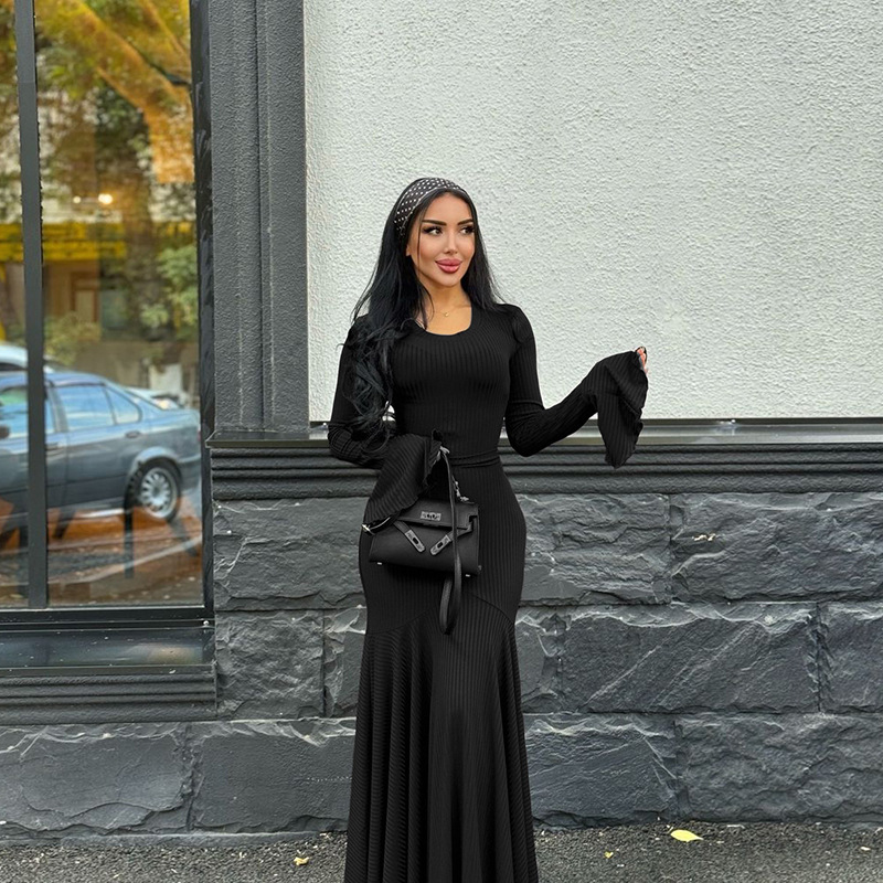 Speaker long sleeve dress pure round neck long dress