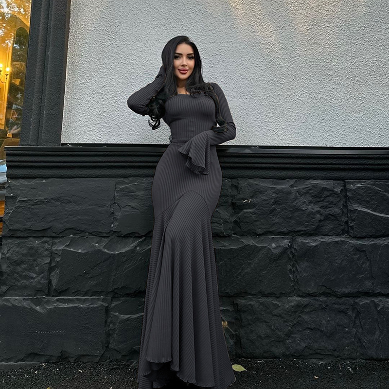 Speaker long sleeve dress pure round neck long dress