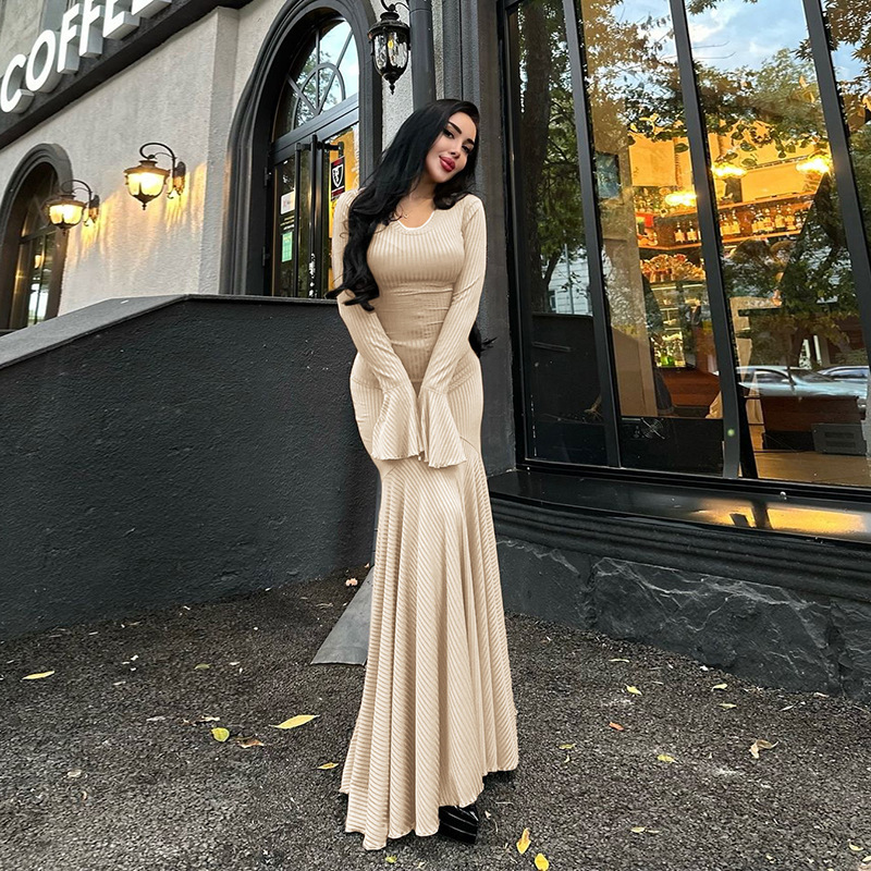 Speaker long sleeve dress pure round neck long dress