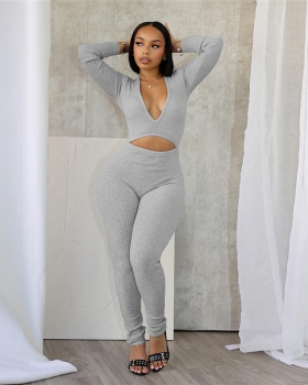 Navel pure tight European style long sleeve jumpsuit for women