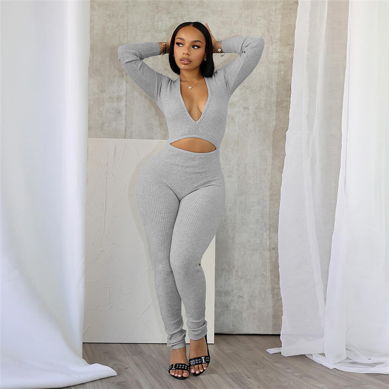 Navel pure tight European style long sleeve jumpsuit for women