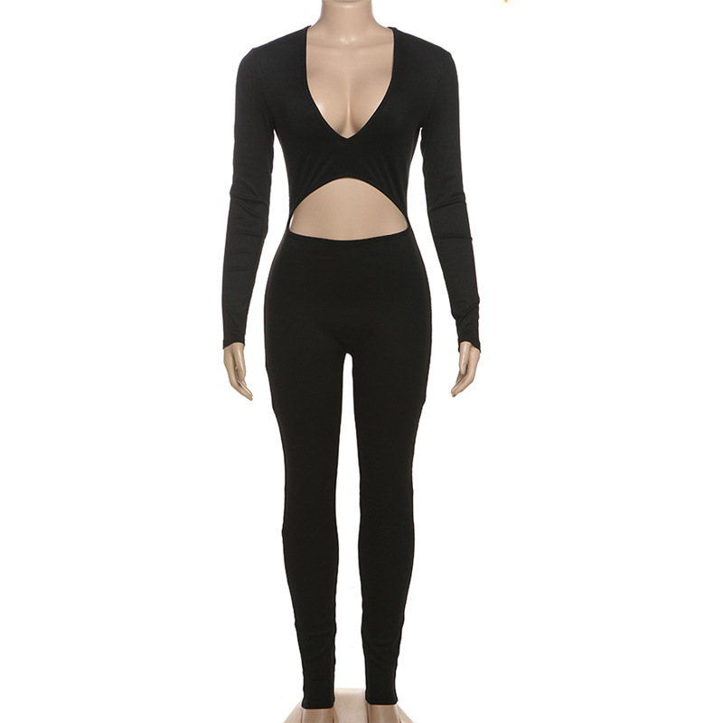 Navel pure tight European style long sleeve jumpsuit for women