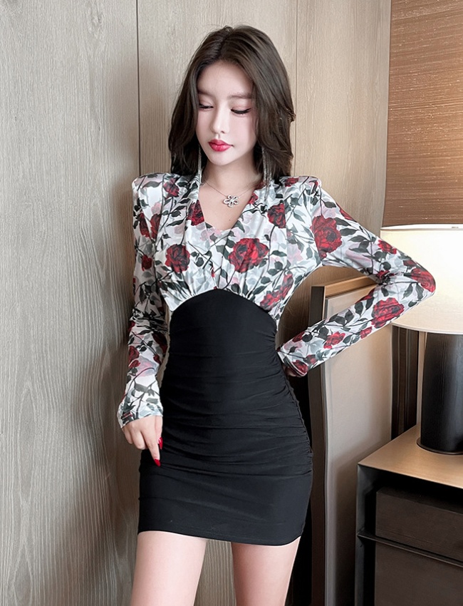 Long sleeve temperament printing overalls dress for women