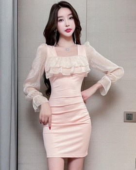 Sexy slim package hip lace gauze fold dress for women