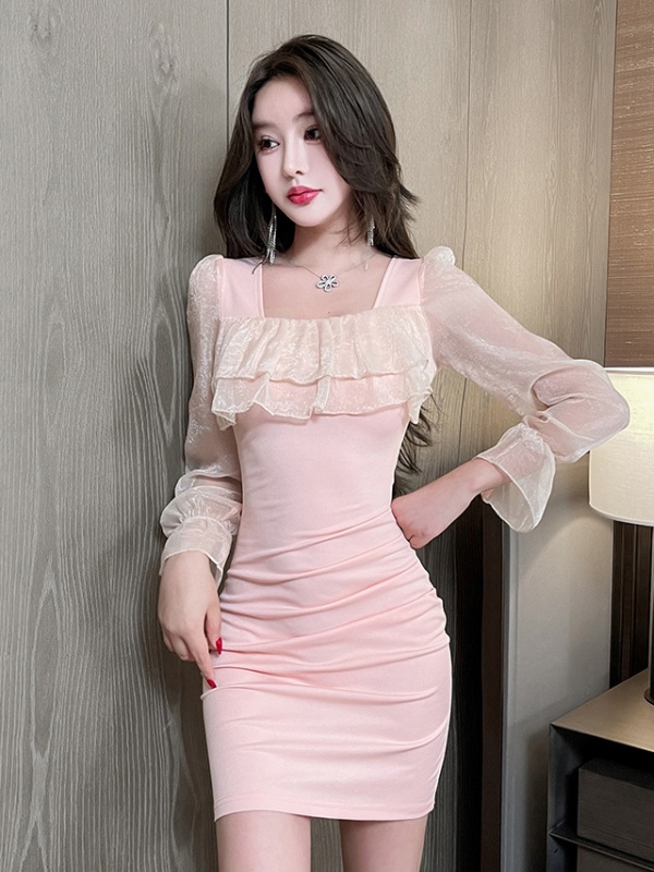 Sexy slim package hip lace gauze fold dress for women