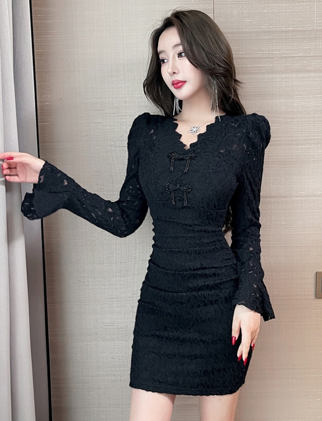 Split long sleeve dress autumn and winter T-back