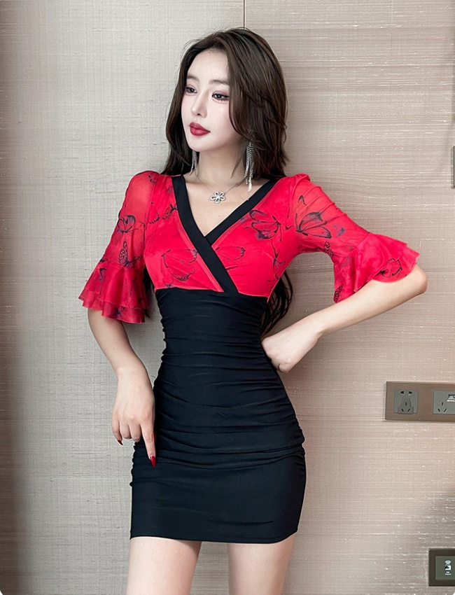 Cover belly slim splice nightclub V-neck dress