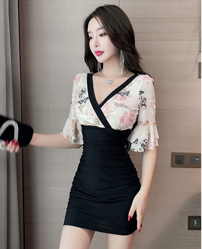 Cover belly slim splice nightclub V-neck dress