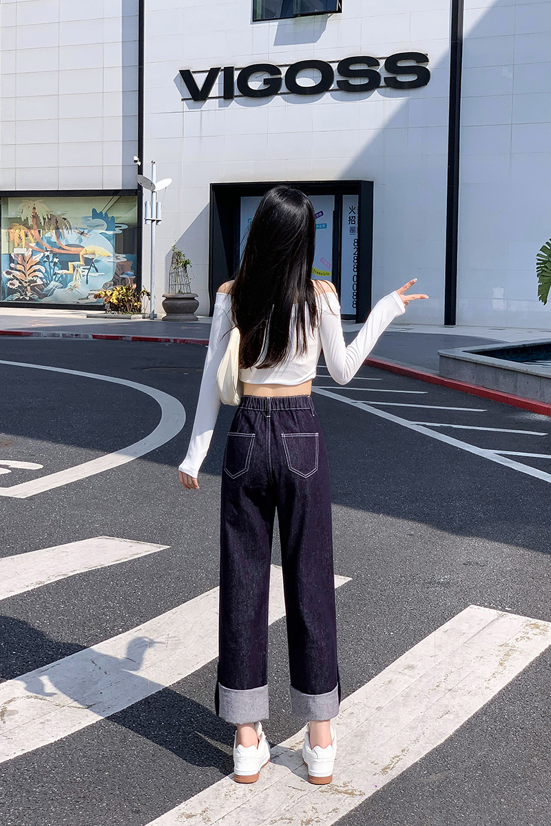 Large yard high waist denim crimping long pants