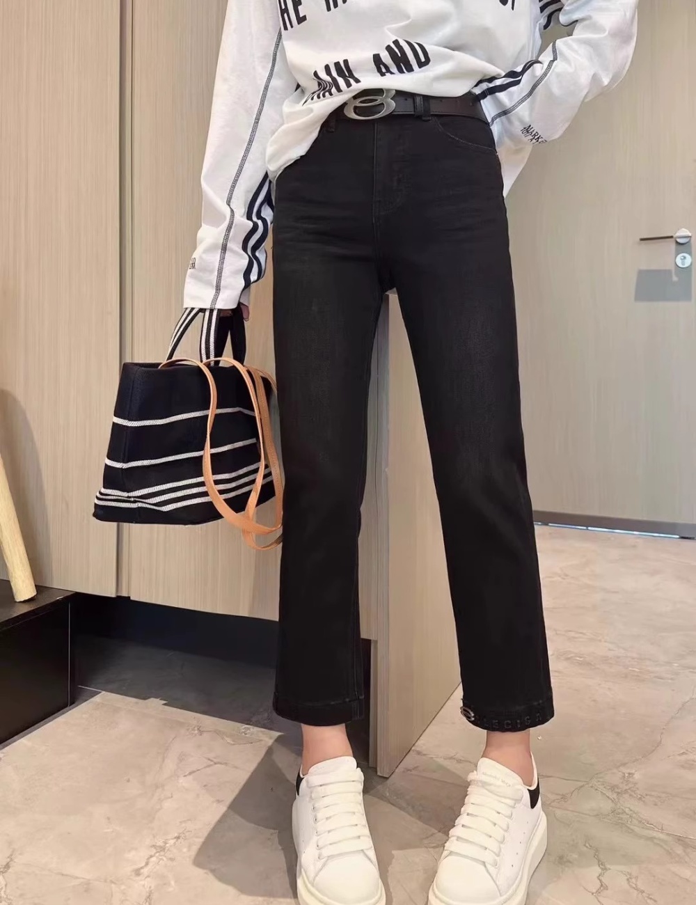 Slim high waist denim fat sister wide leg pants