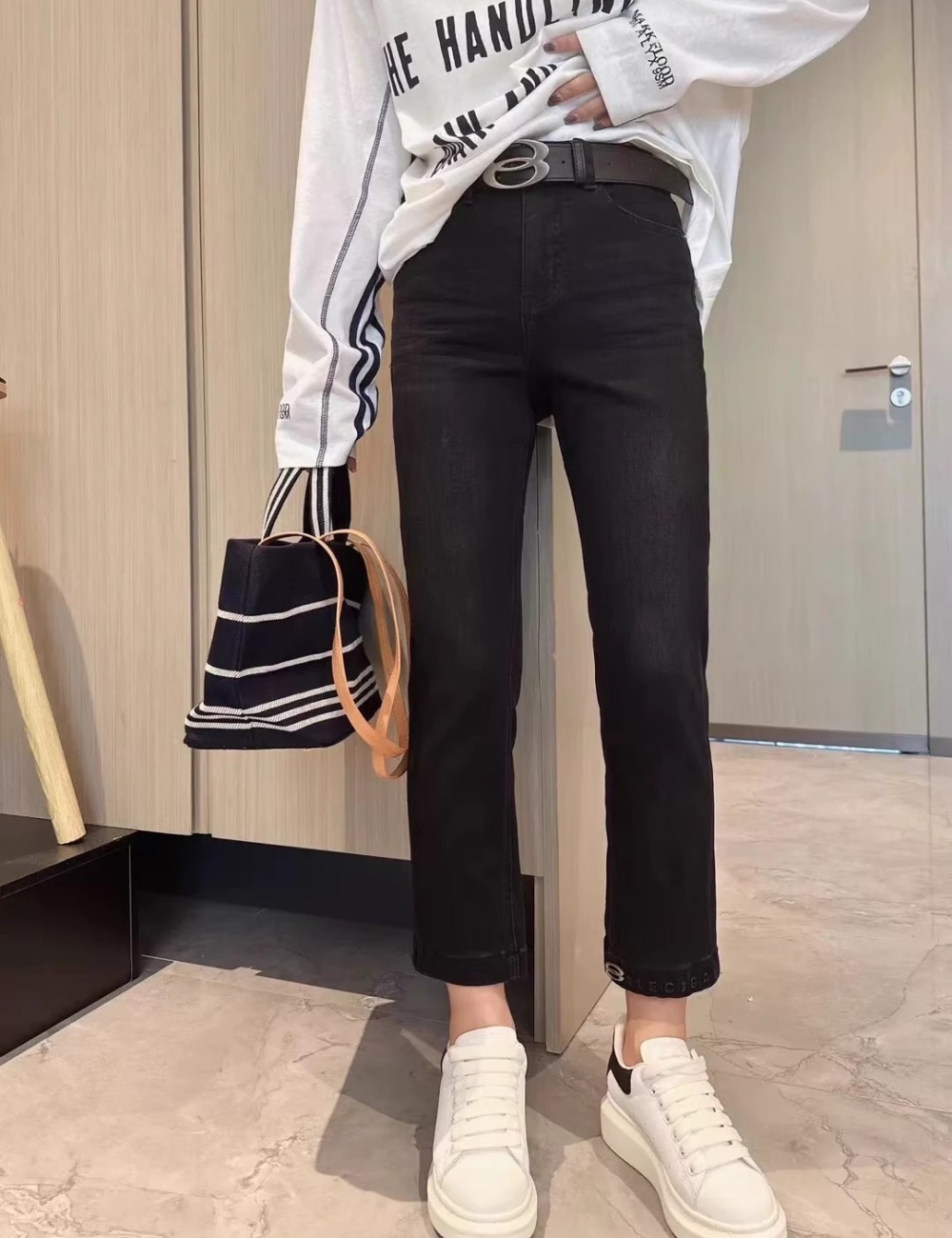 Slim high waist denim fat sister wide leg pants