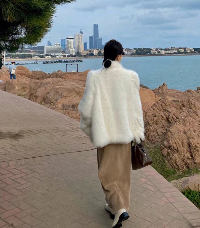 Puff sleeve long elmo fur coat white temperament overcoat