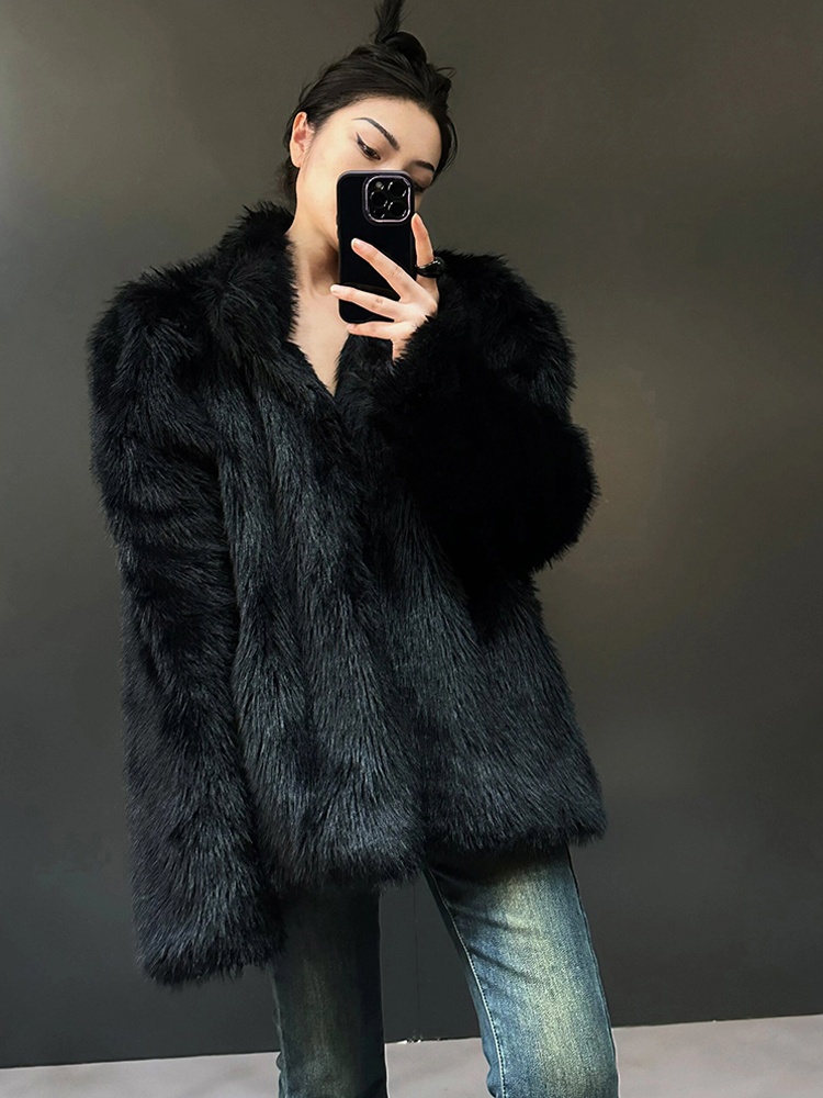 Puff sleeve long elmo fur coat white temperament overcoat