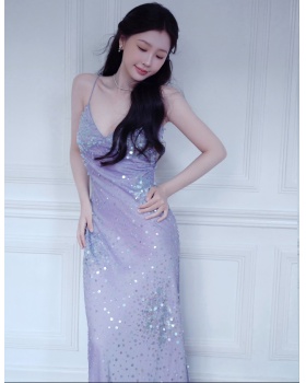 Sequins halter dress purple pearl strap dress