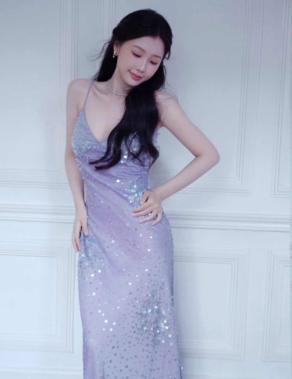 Sequins halter dress purple pearl strap dress