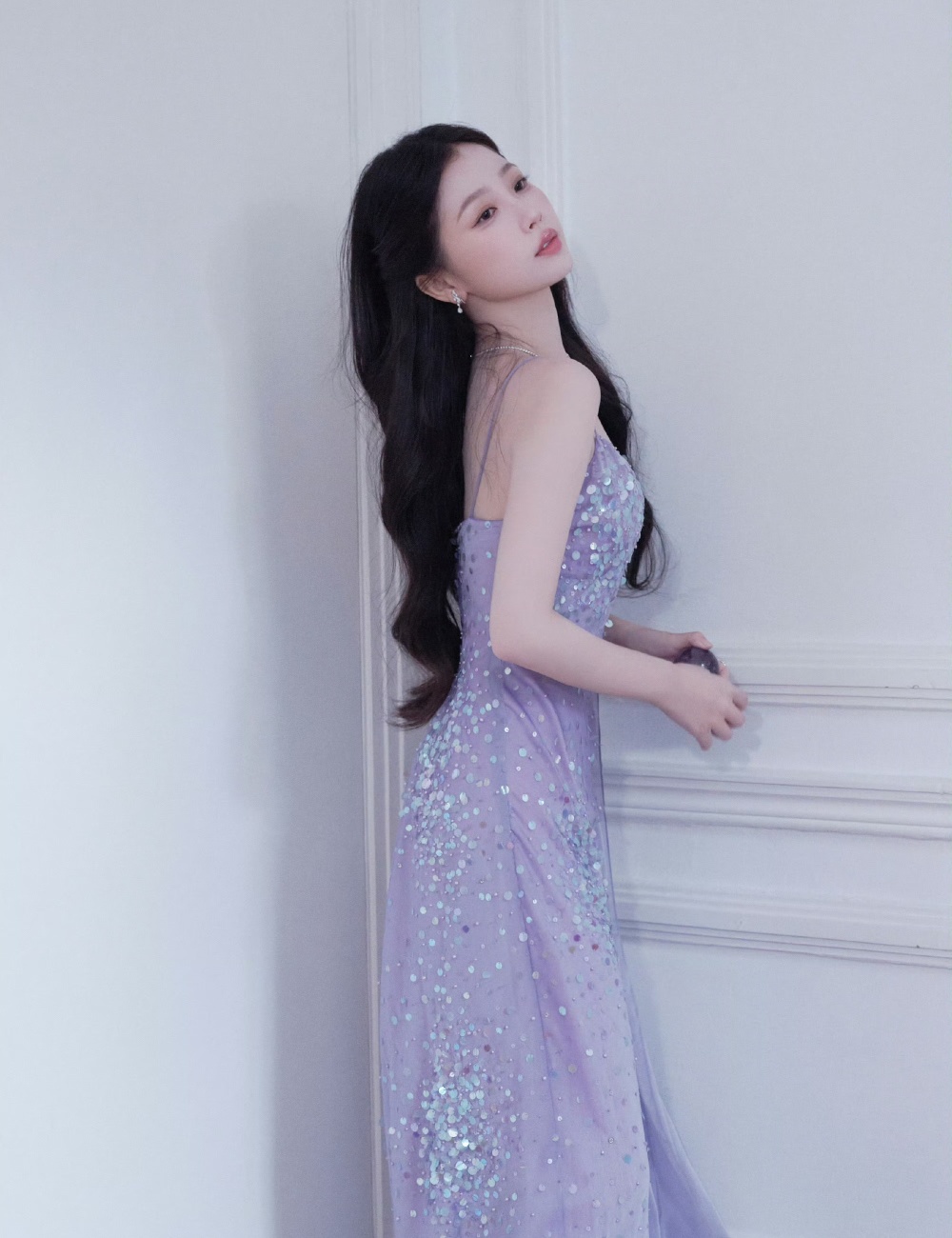 Sequins halter dress purple pearl strap dress