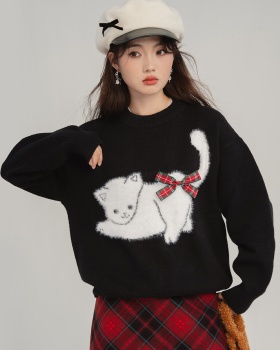 Autumn and winter bow tops cat black sweater for women