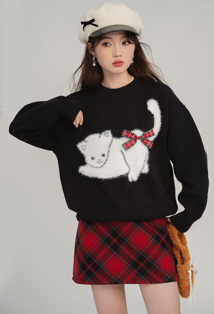 Autumn and winter bow tops cat black sweater for women