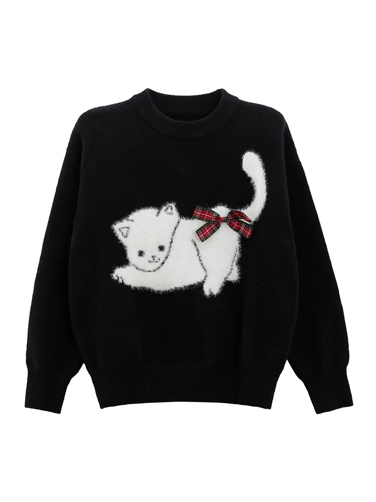 Autumn and winter bow tops cat black sweater for women