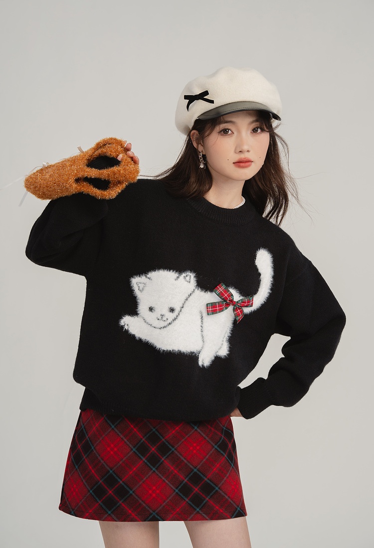 Autumn and winter bow tops cat black sweater for women