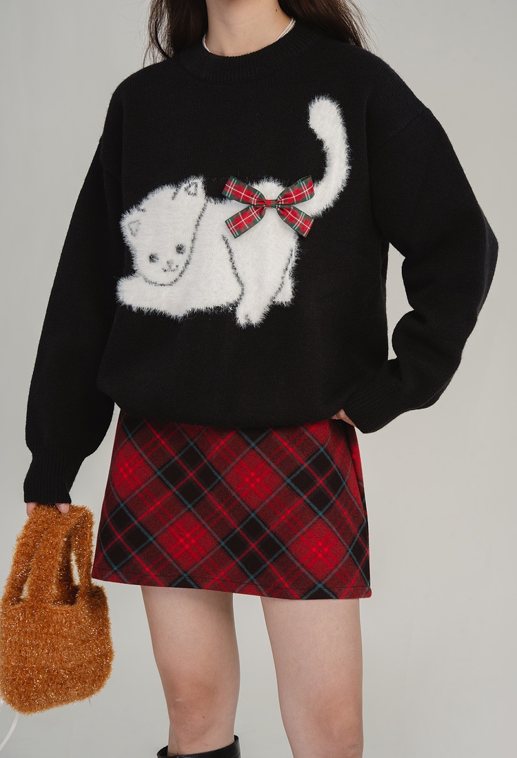 Autumn and winter bow tops cat black sweater for women