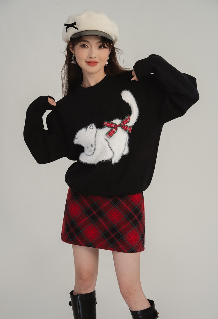 Autumn and winter bow tops cat black sweater for women