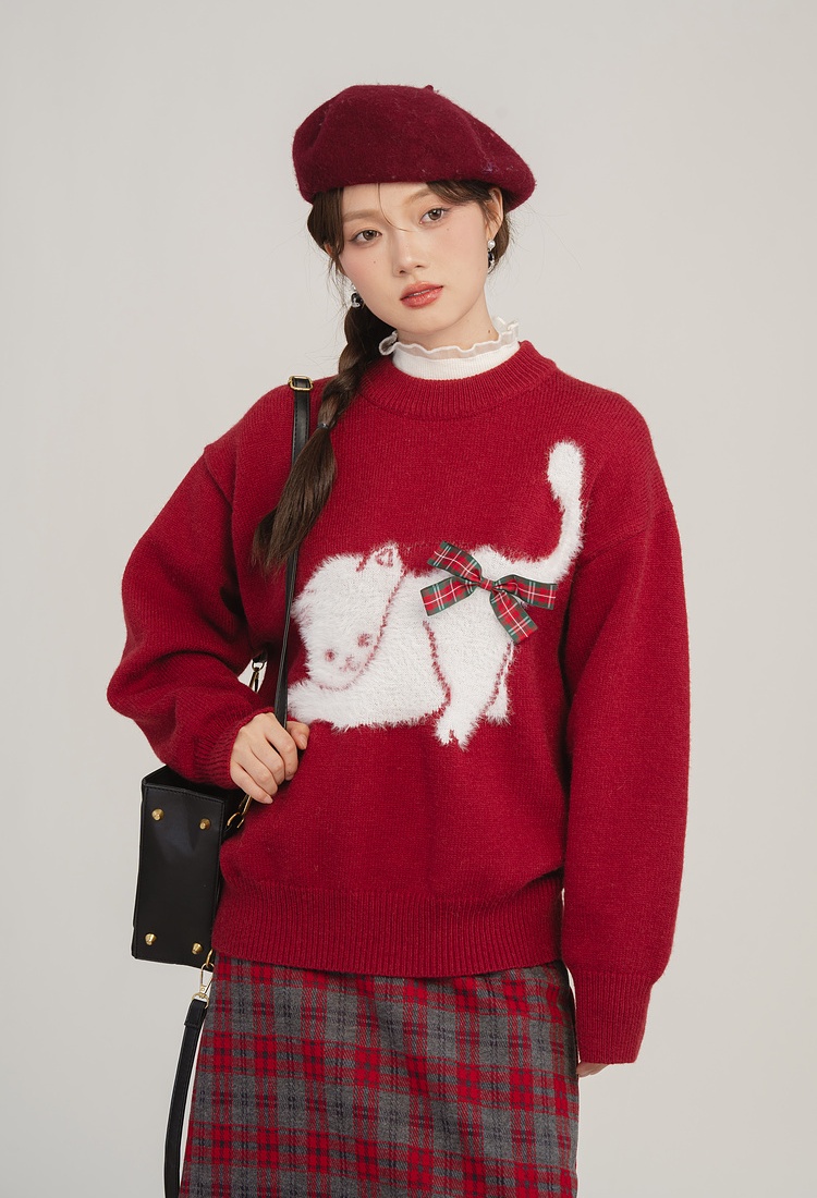 Autumn and winter bow tops cat black sweater for women