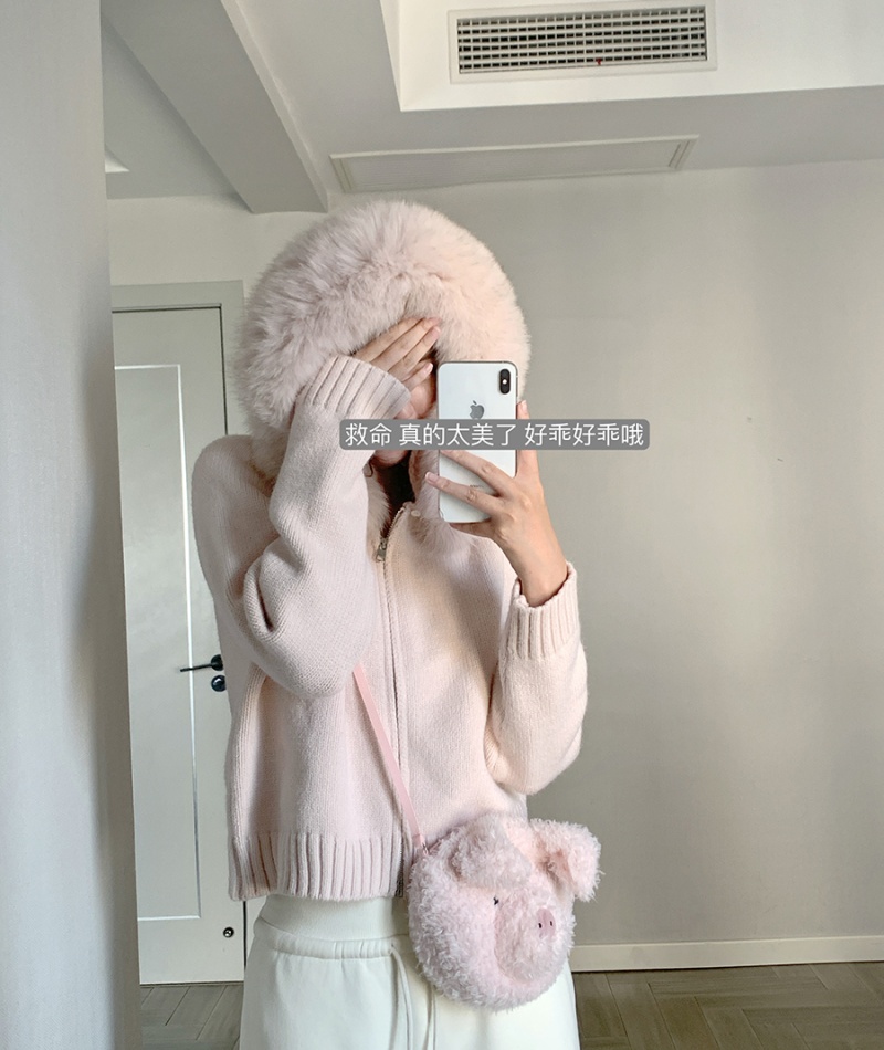 Knitted large fur collar cardigan hooded sweater