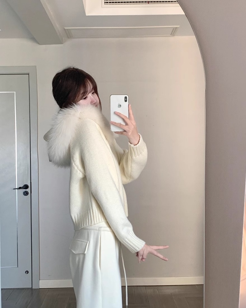 Knitted large fur collar cardigan hooded sweater