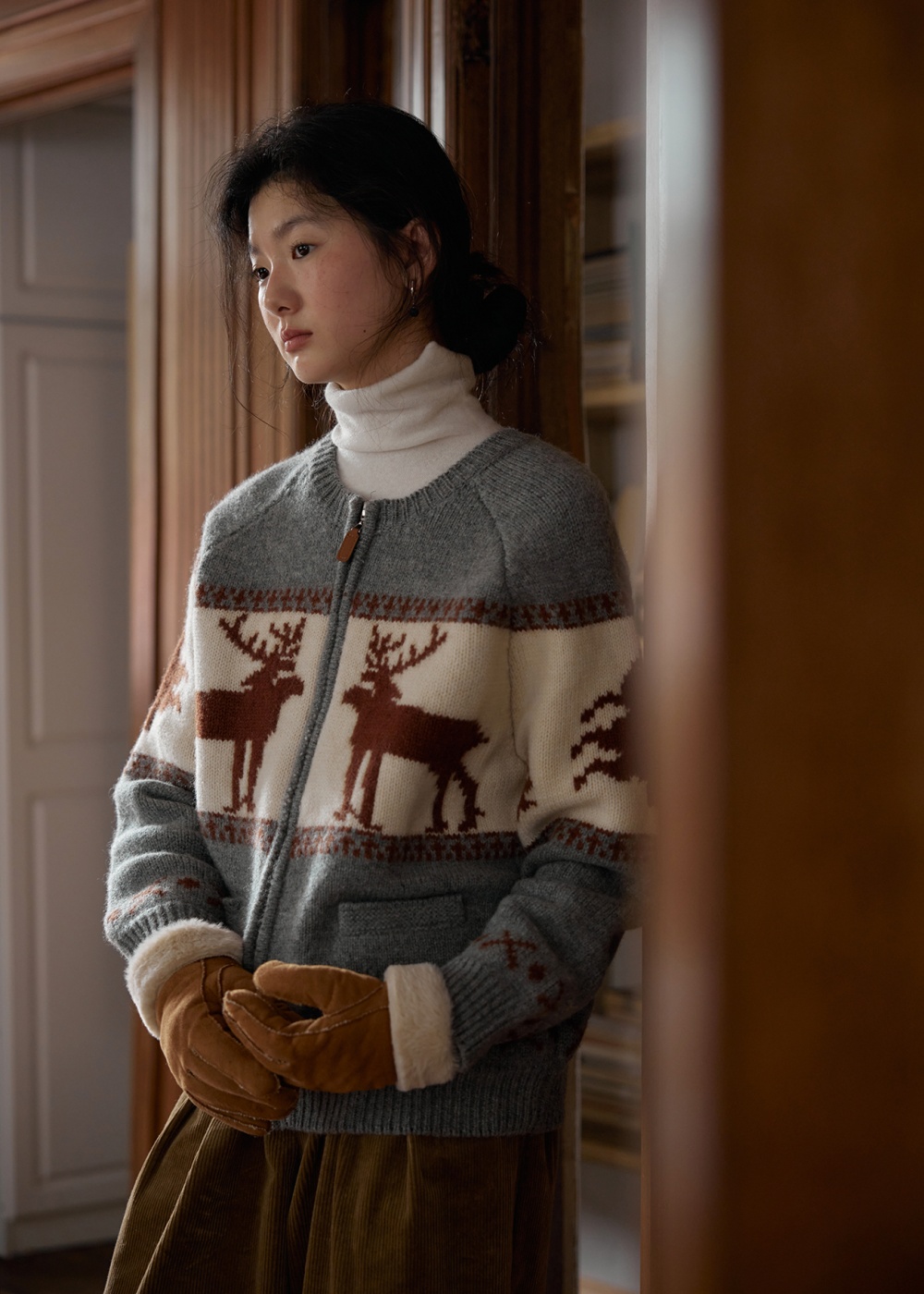 Fawn winter knitted sweater Casual christmas cardigan