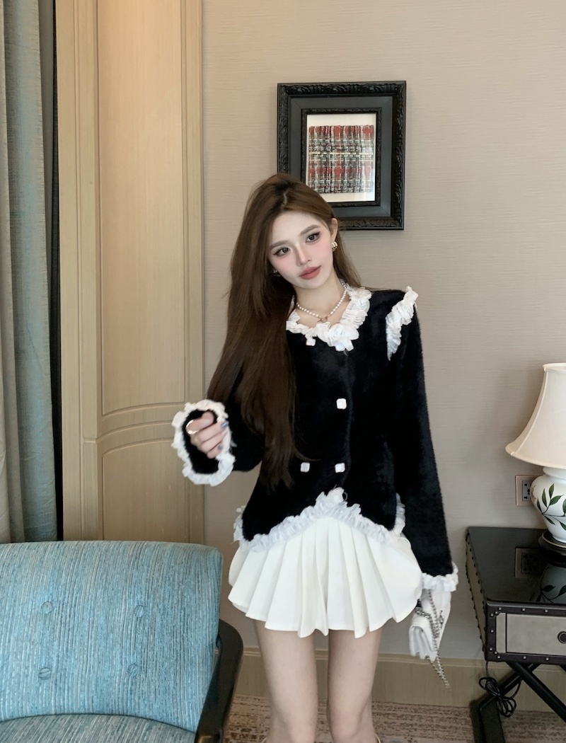 France style double-breasted sweater lace short tops for women