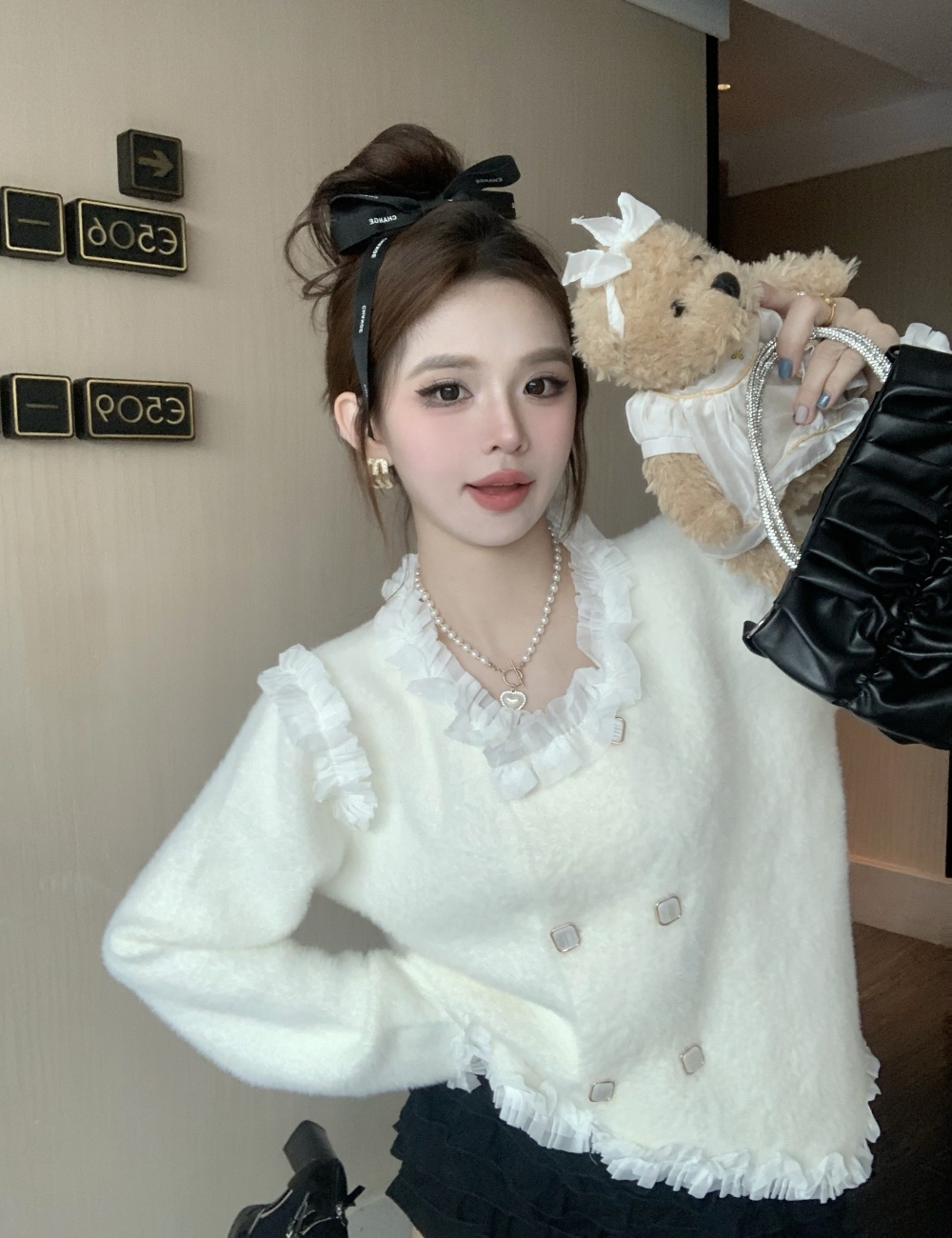 France style double-breasted sweater lace short tops for women