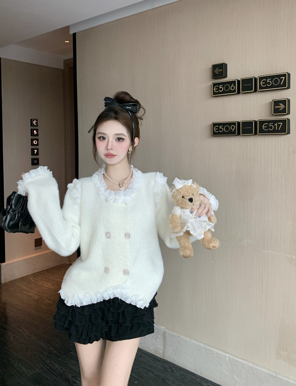 France style double-breasted sweater lace short tops for women