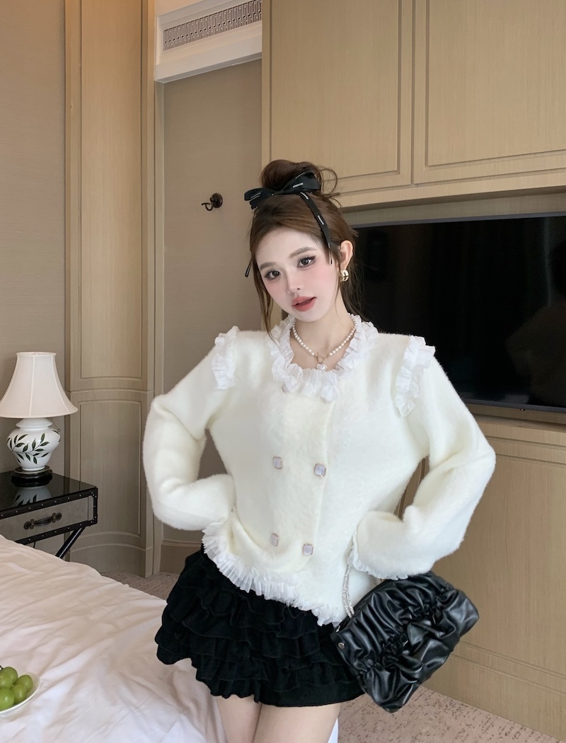 France style double-breasted sweater lace short tops for women