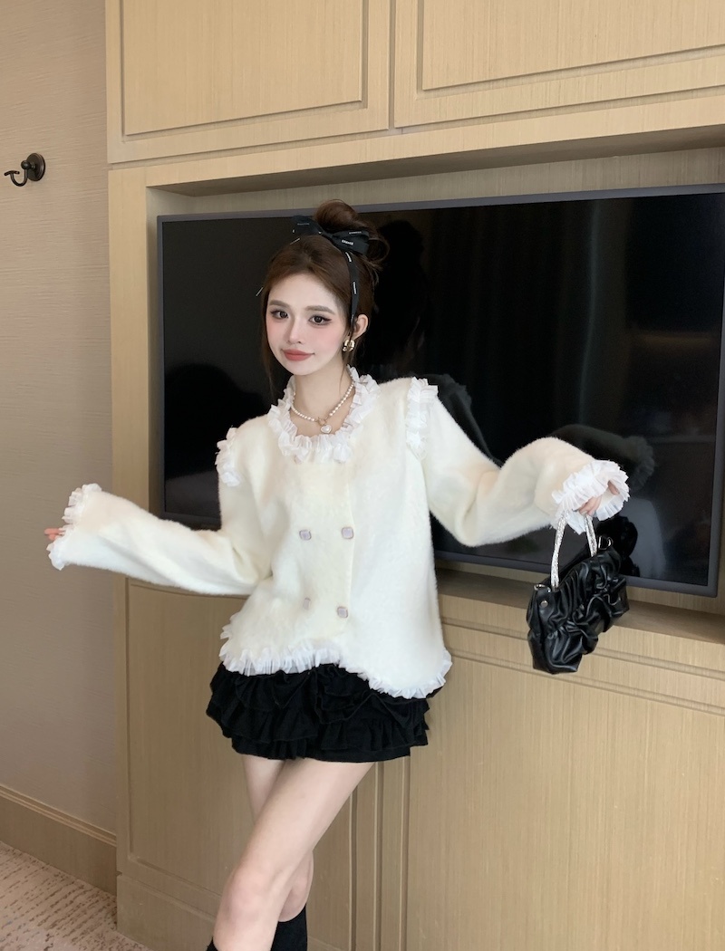 France style double-breasted sweater lace short tops for women