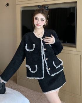 Korean style chanelstyle coat mink velvet short skirt 2pcs set