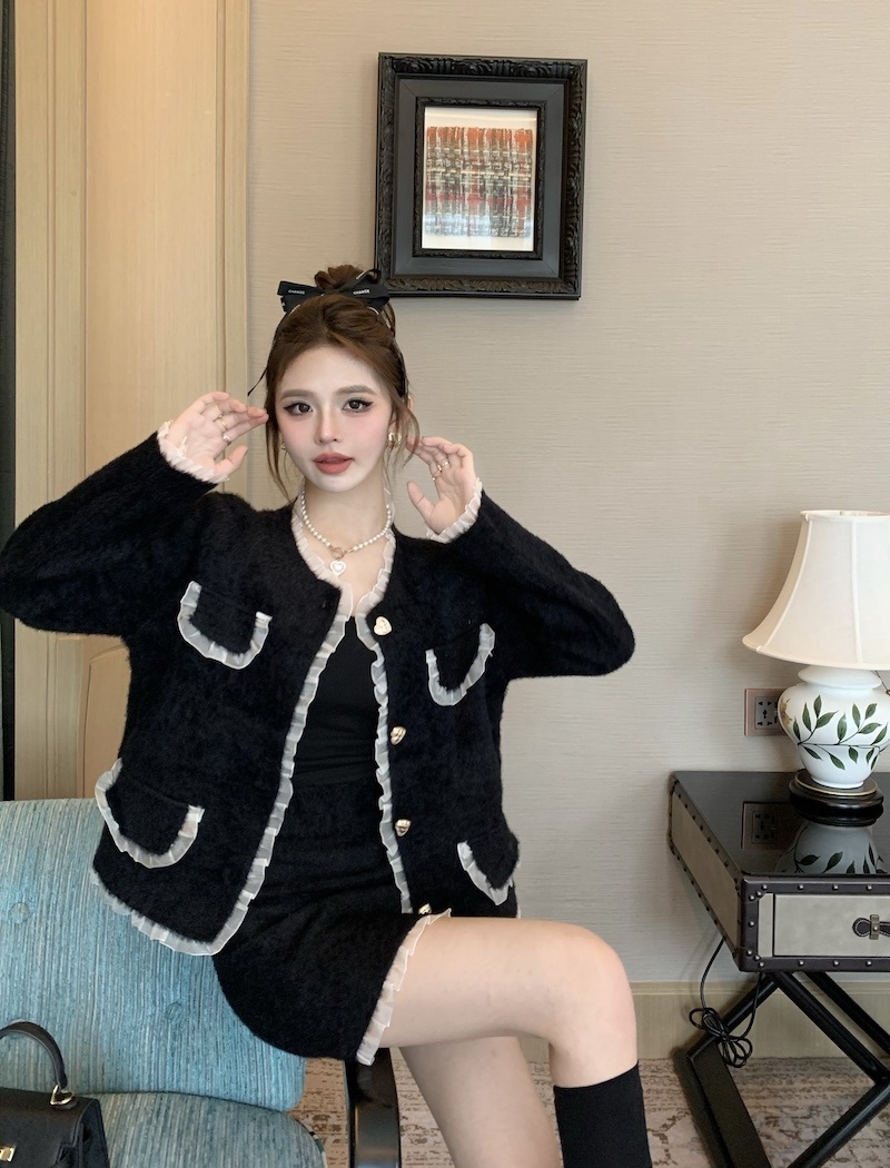 Korean style chanelstyle coat mink velvet short skirt 2pcs set