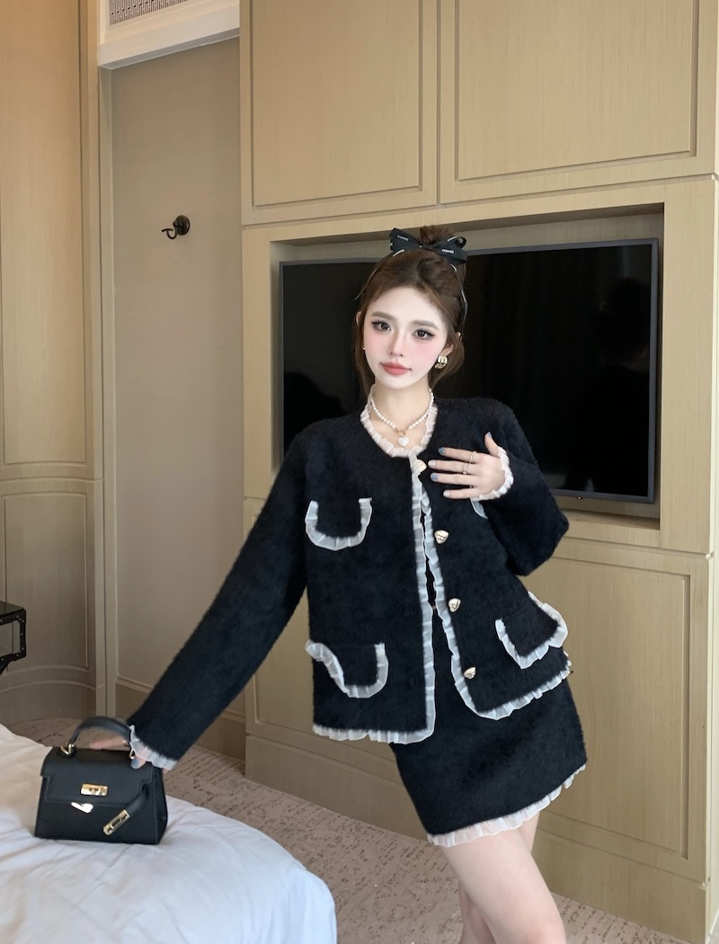 Korean style chanelstyle coat mink velvet short skirt 2pcs set