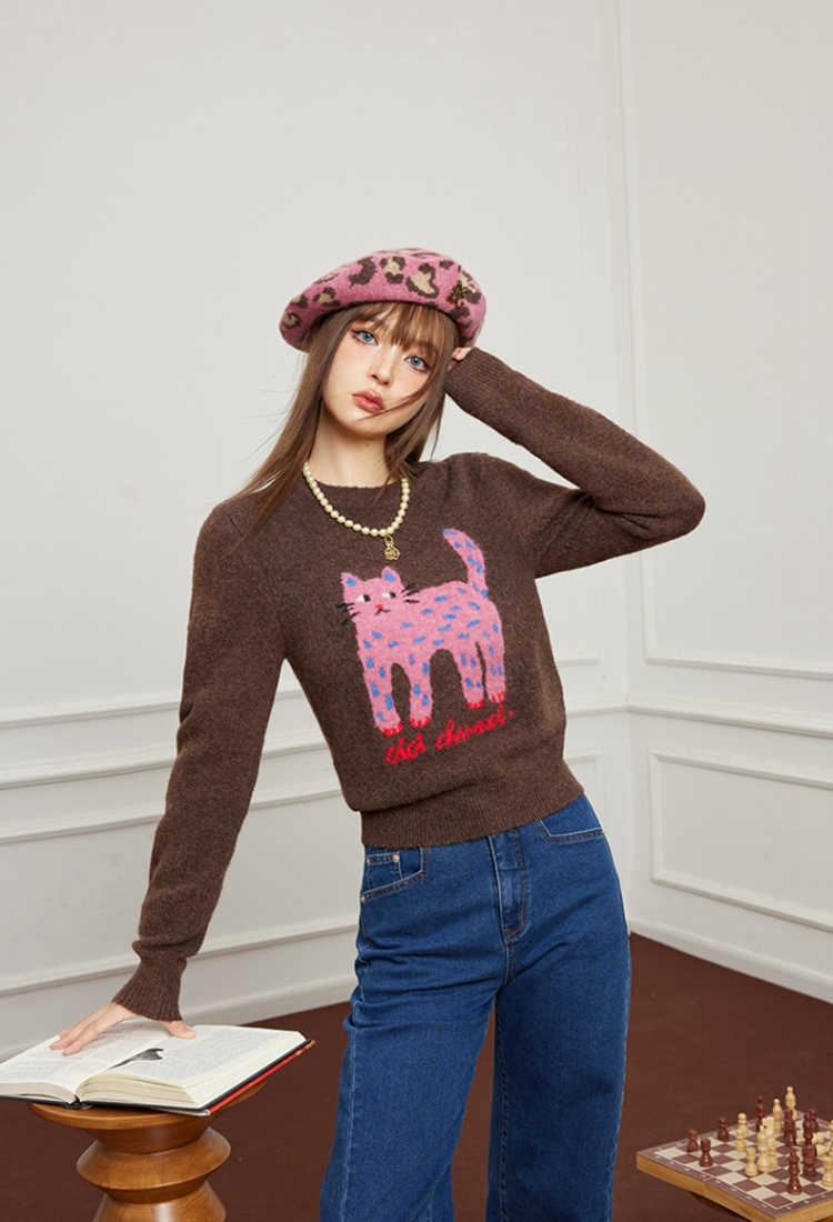 Cartoon knitted spring and autumn cat sweater for women